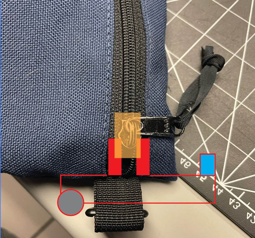 A circuit that shows a non-wearable circuit that closes when the zipper is closed, causing the LED's to activate as the zipper connects the two parts of the circuit.