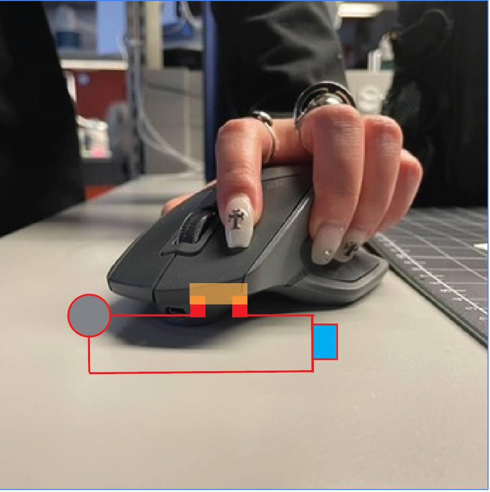 A circuit, that demonstrates a non-wearable circuit that closes when the mouse is clicked and the top and bottom parts of the mouse interact, causing the LED's to activate.