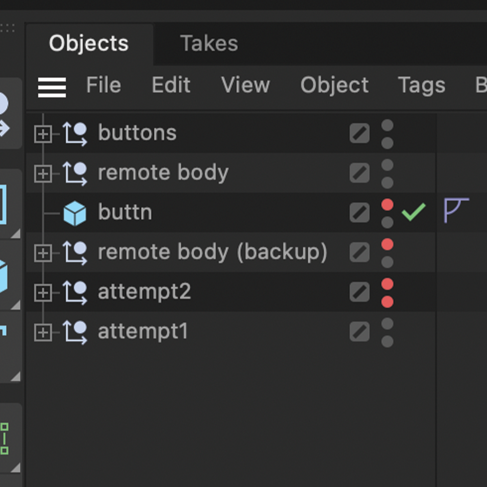 Screenshot of the layers used to create the TV remote, including null layers used to group parts of the design and previous iterations.