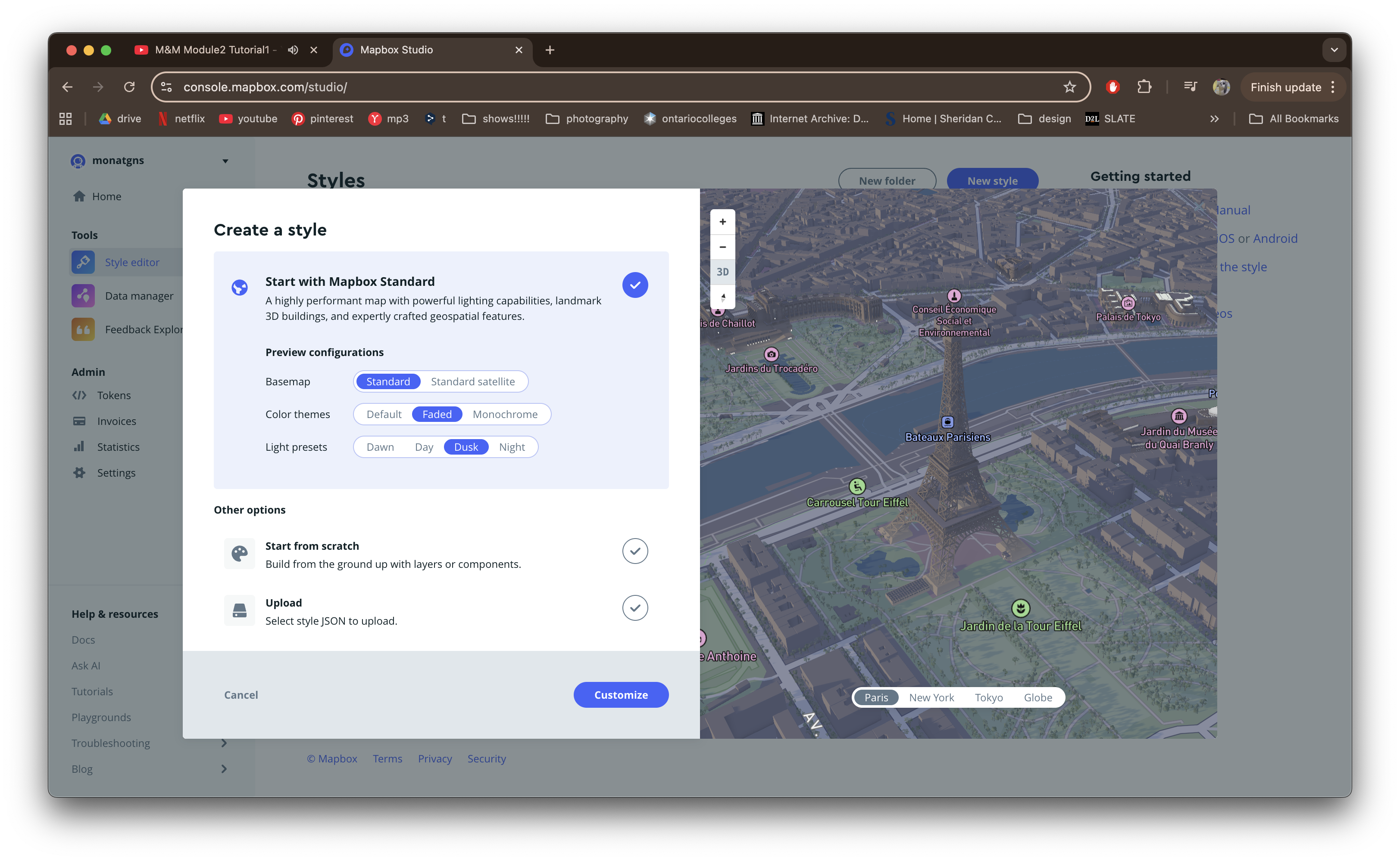 First time opening Mapbox and experimenting with the initial style settings.