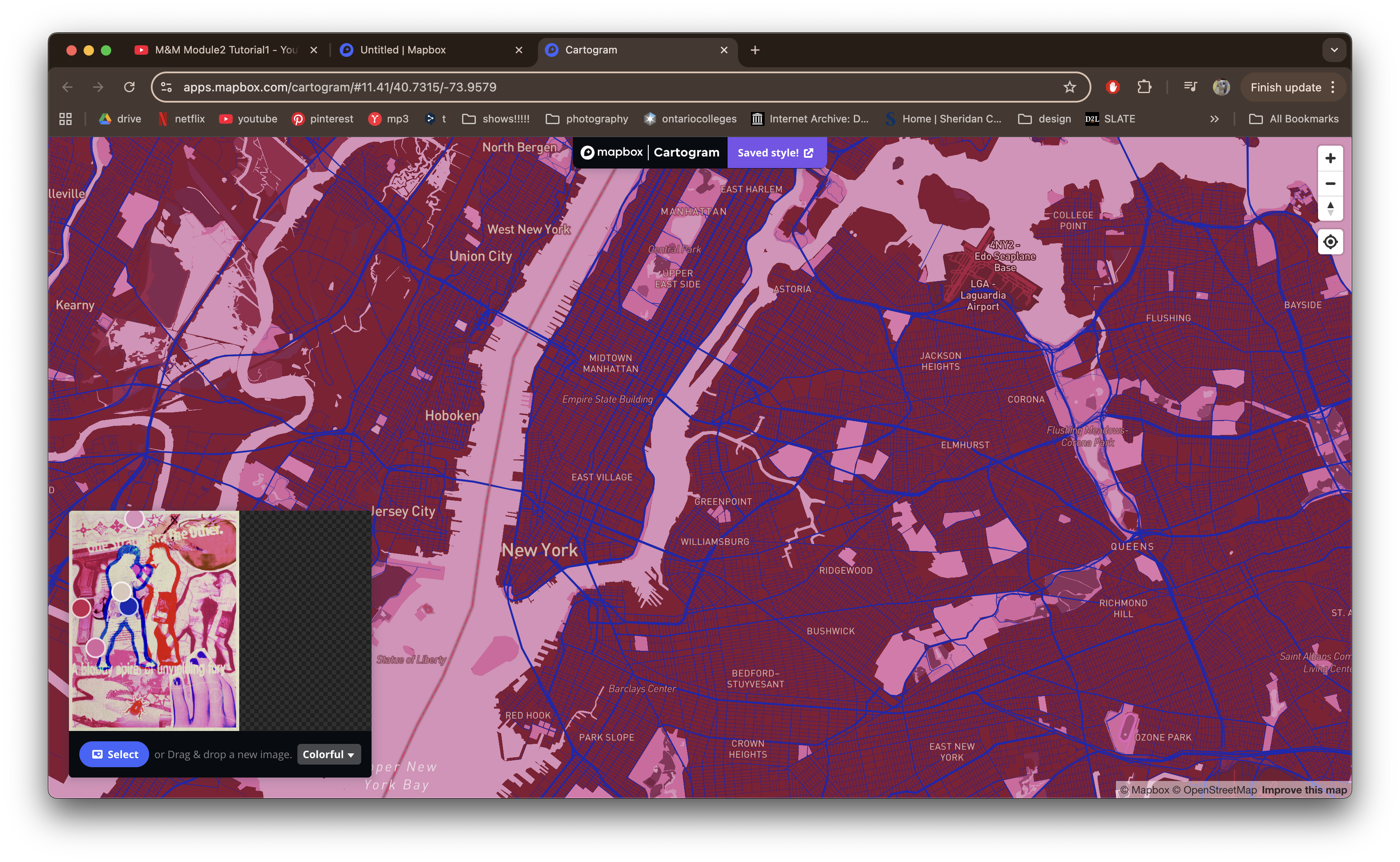 Experimentation using the Cartogram plugin to change the colour of the maps features.