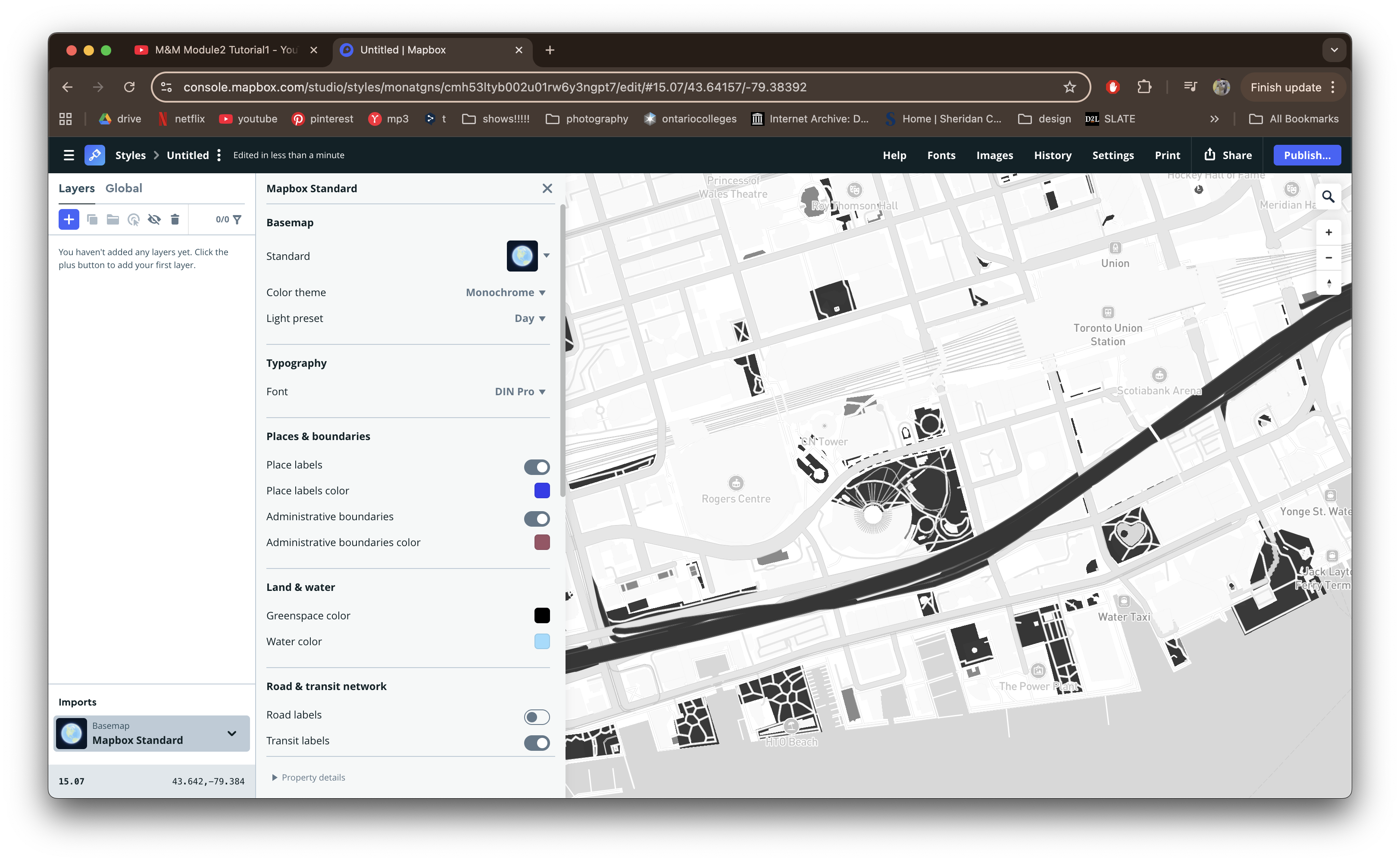 Playing with the different preset colour themes for the map. In this one I chose the monochrome setting.
