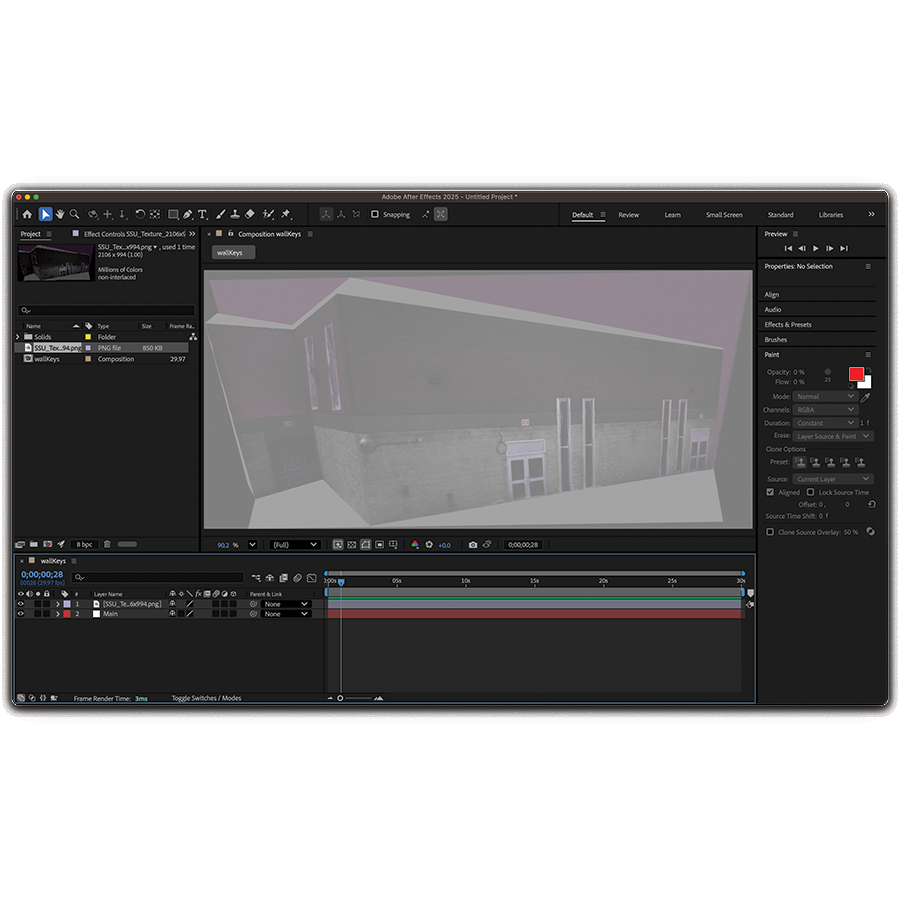 Starting off in After Effects by importing the photo of the wall and placing a half-opaque white rectangle in front of it.
