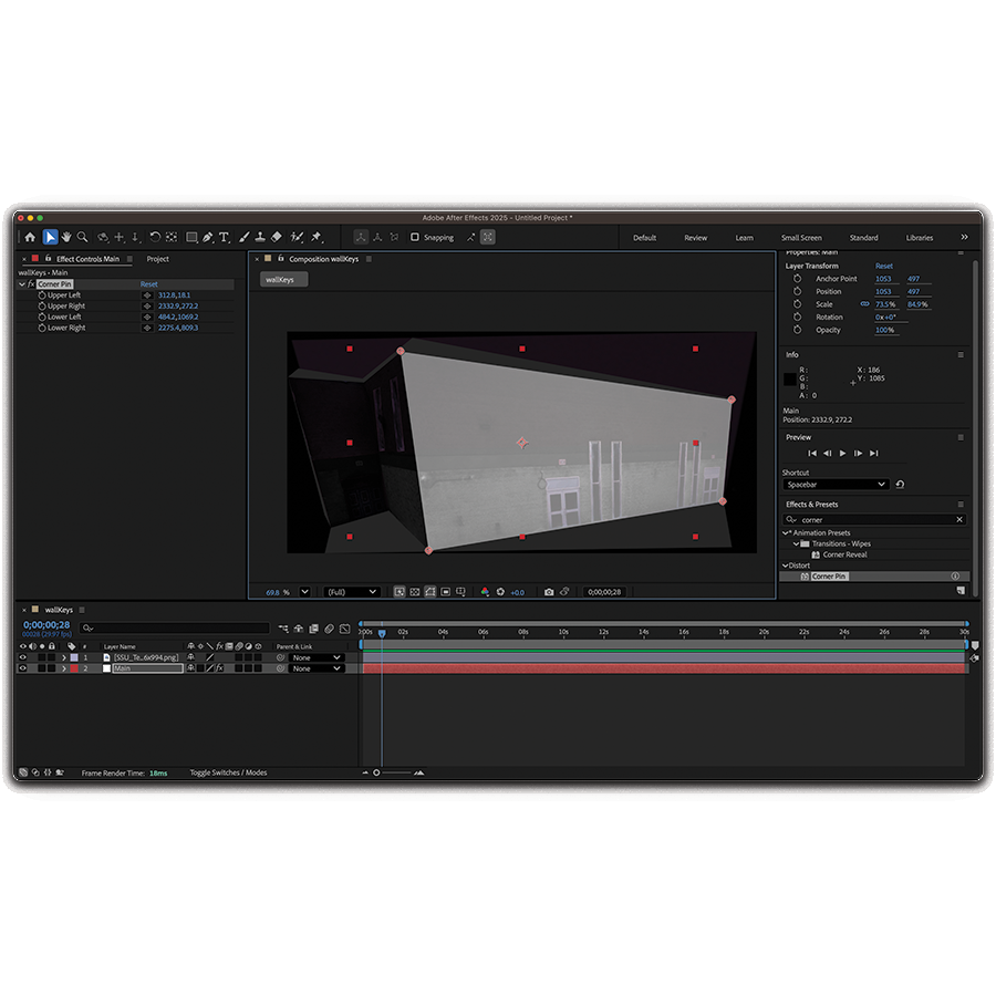 Using the corner pin tool to distort the white square to fit the shape of the front wall.