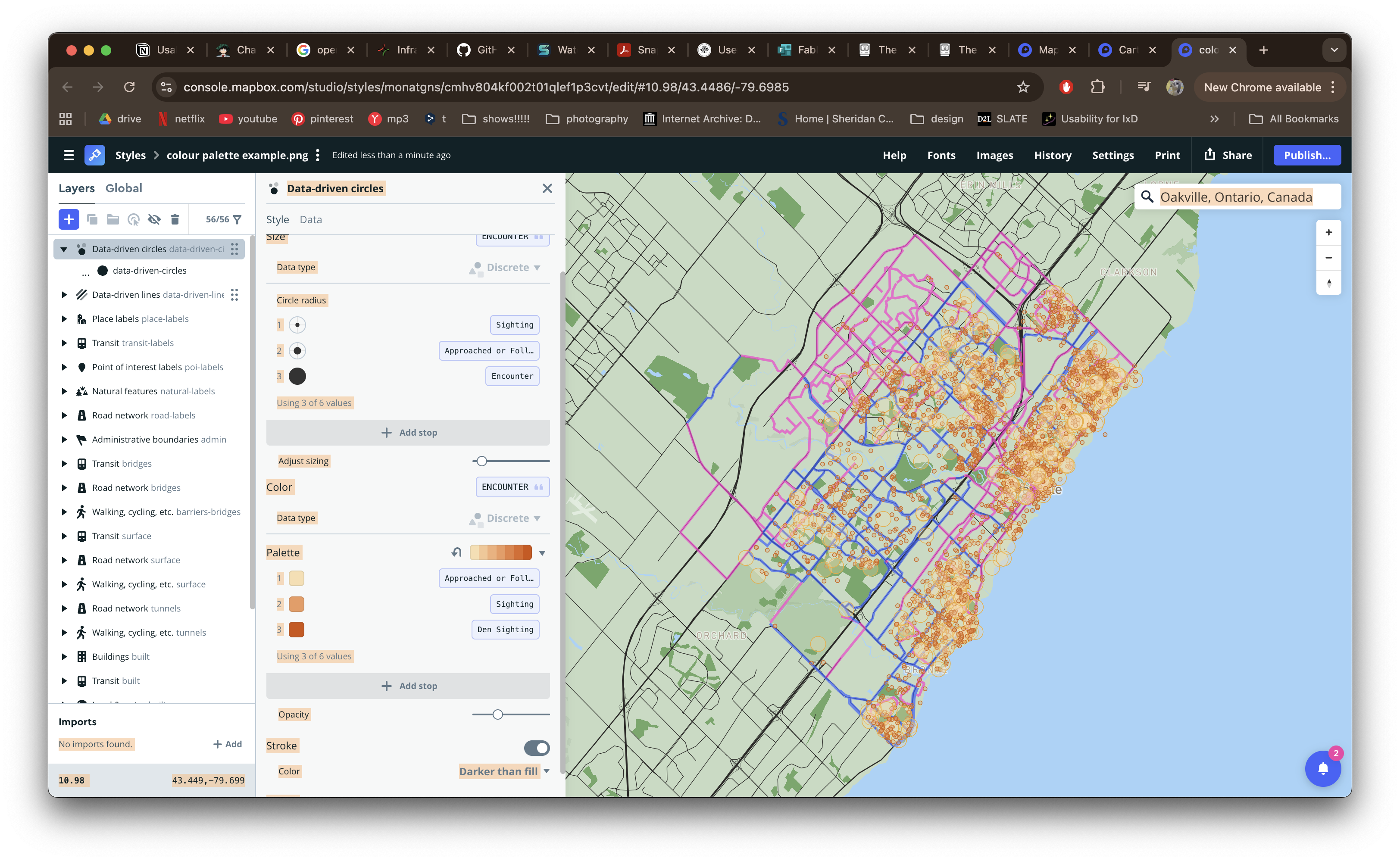 Played with the appearence of the circles, making them more opaque and overall bigger to make them more visible on the map.