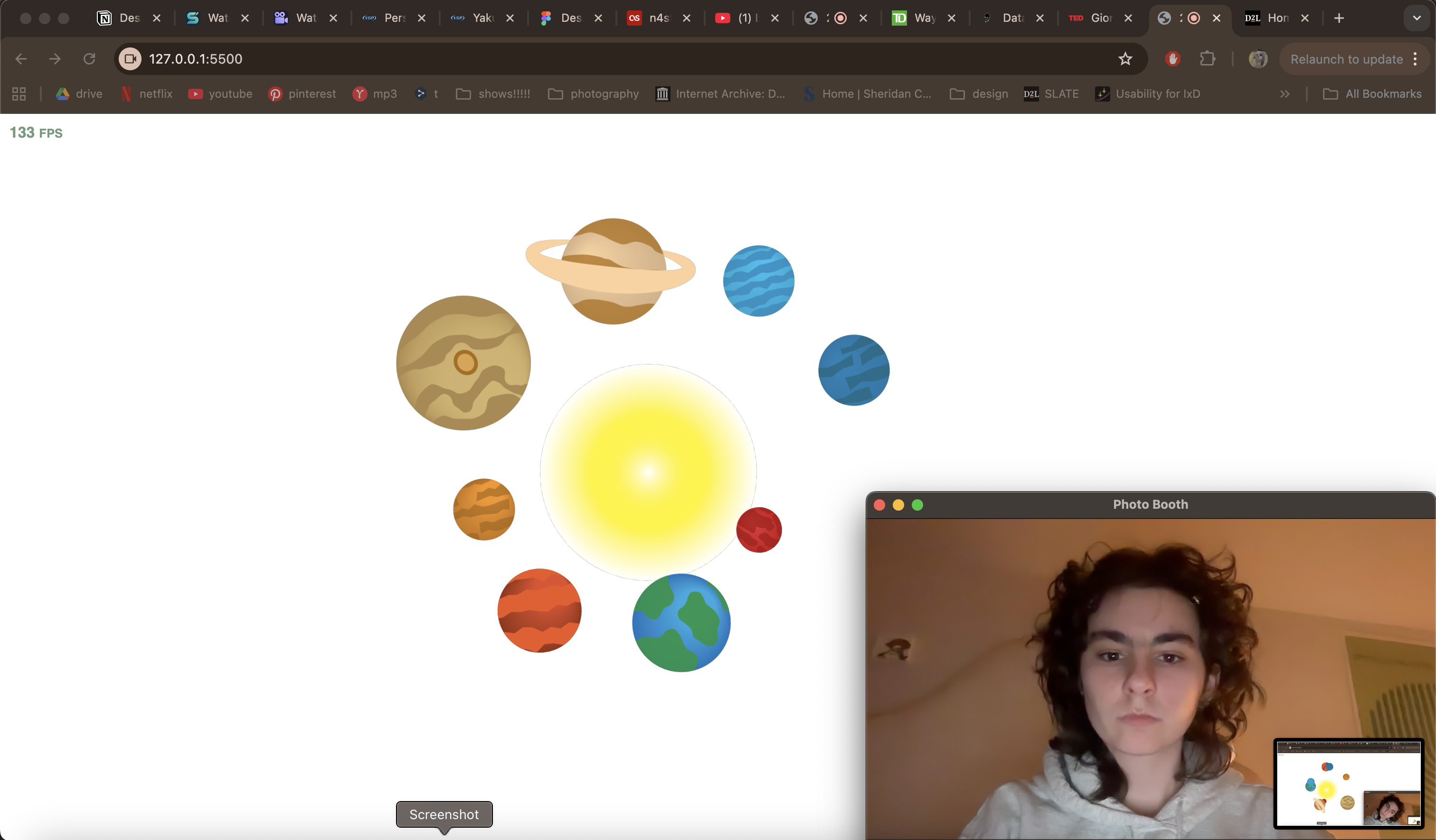 Experimentation with different angles and distances from the screen to see how the planets would react to my movements.