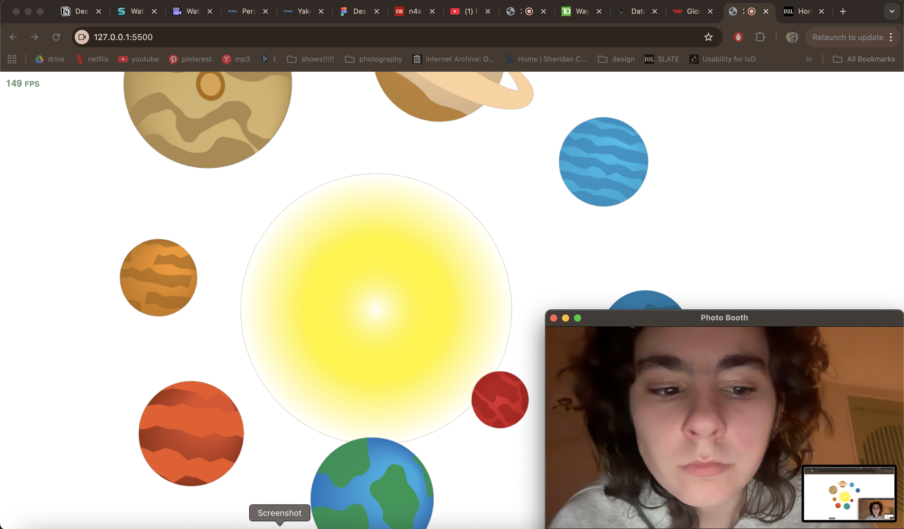 Experimentation with different angles and distances from the screen to see how the planets would react to my movements.