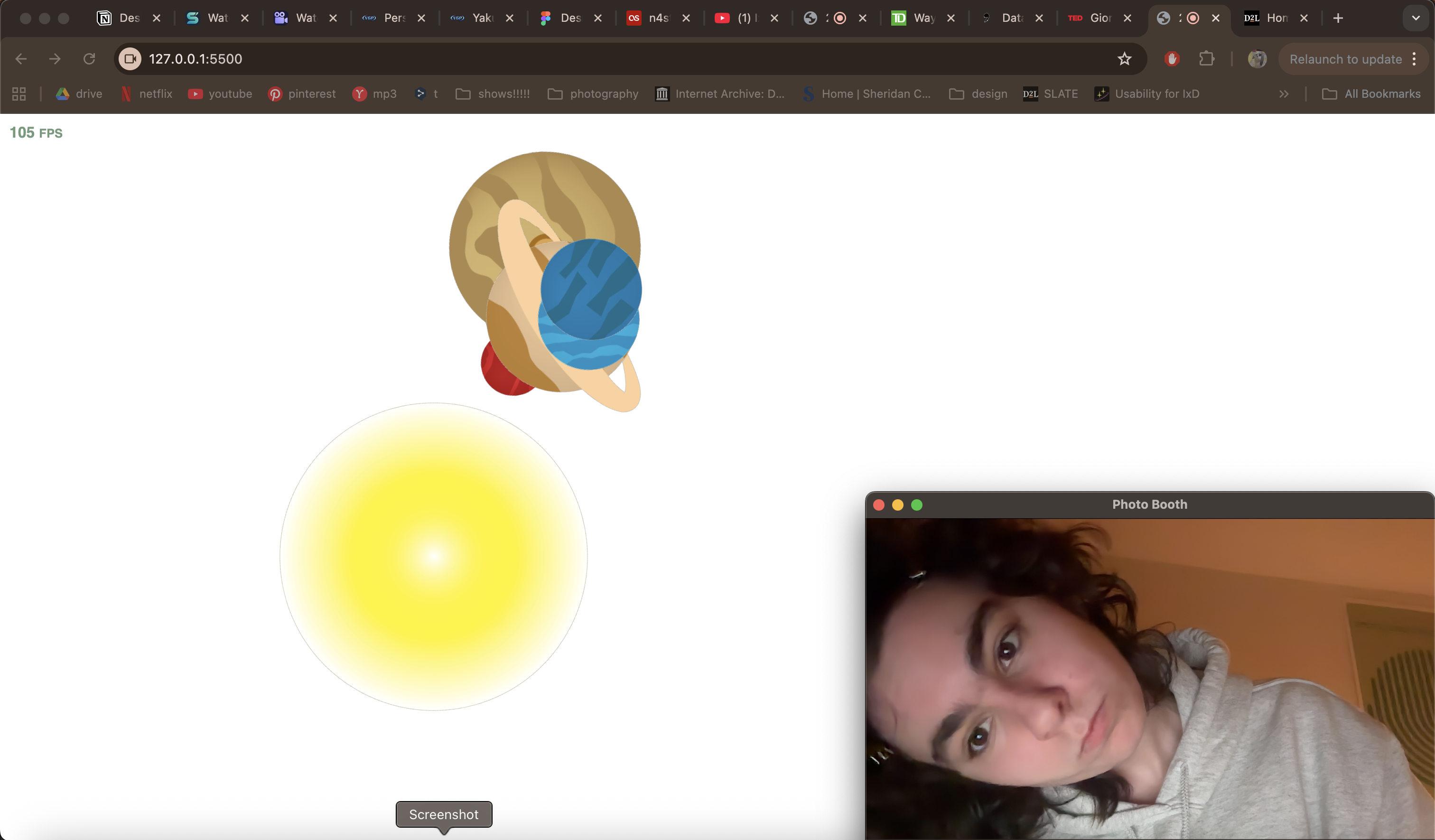 Experimentation with different angles and distances from the screen to see how the planets would react to my movements.