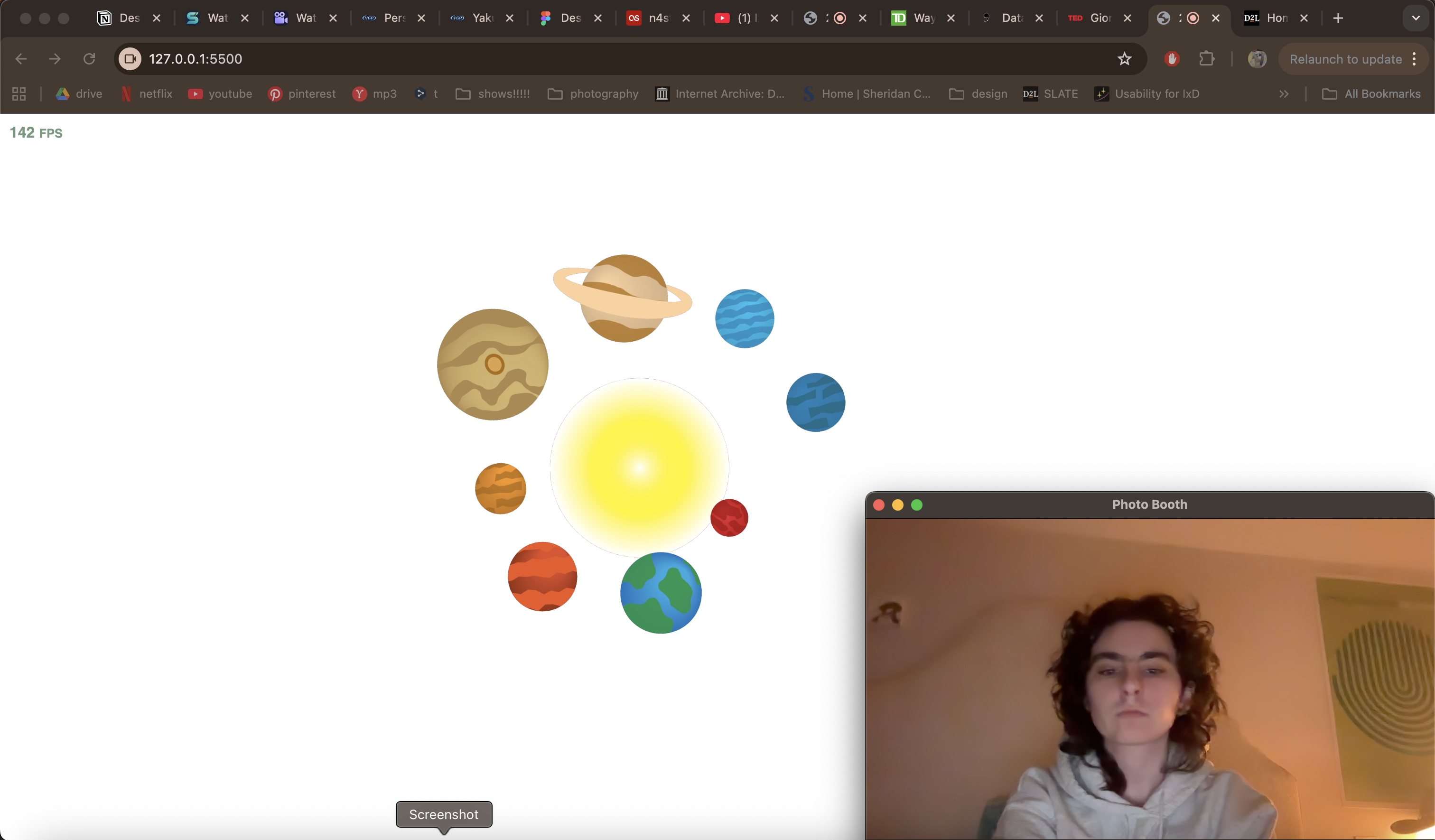 Experimentation with different angles and distances from the screen to see how the planets would react to my movements.