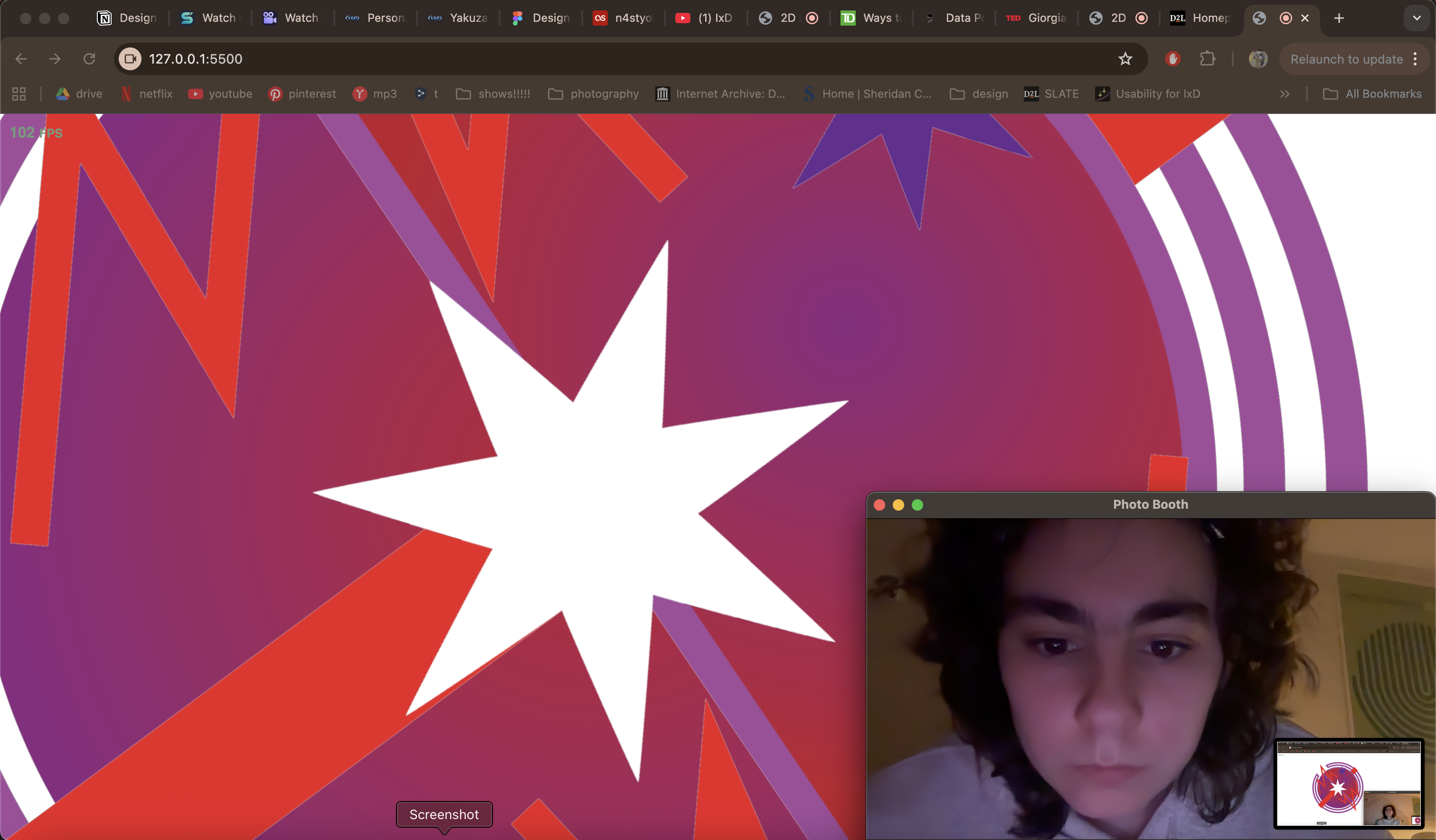 Experimentation with different angles and distances from the screen to see how my first composition would react to my movements.