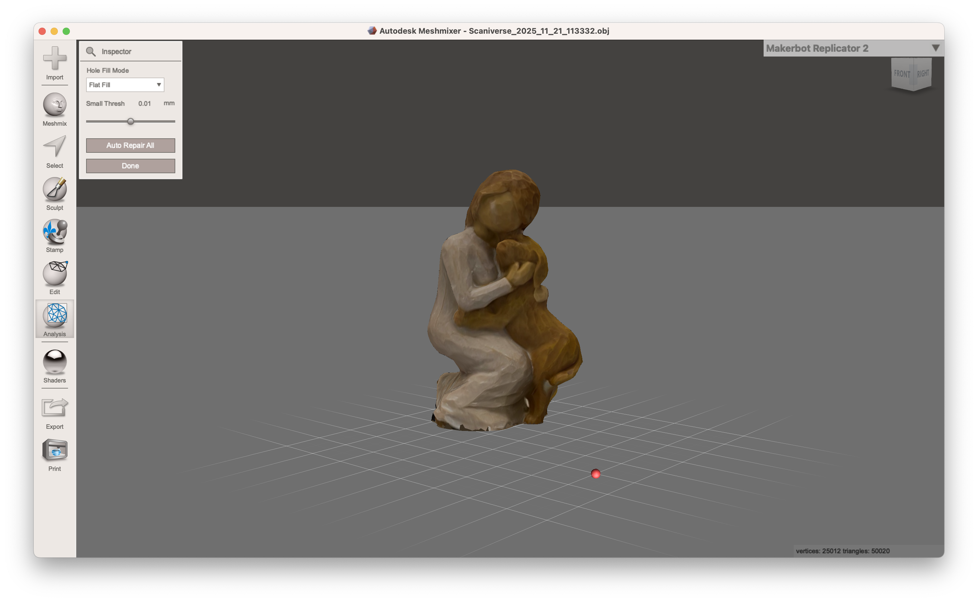 First putting the scan of the statue into Meshmixer and using the analyse tool to fill in the bottom of the object.