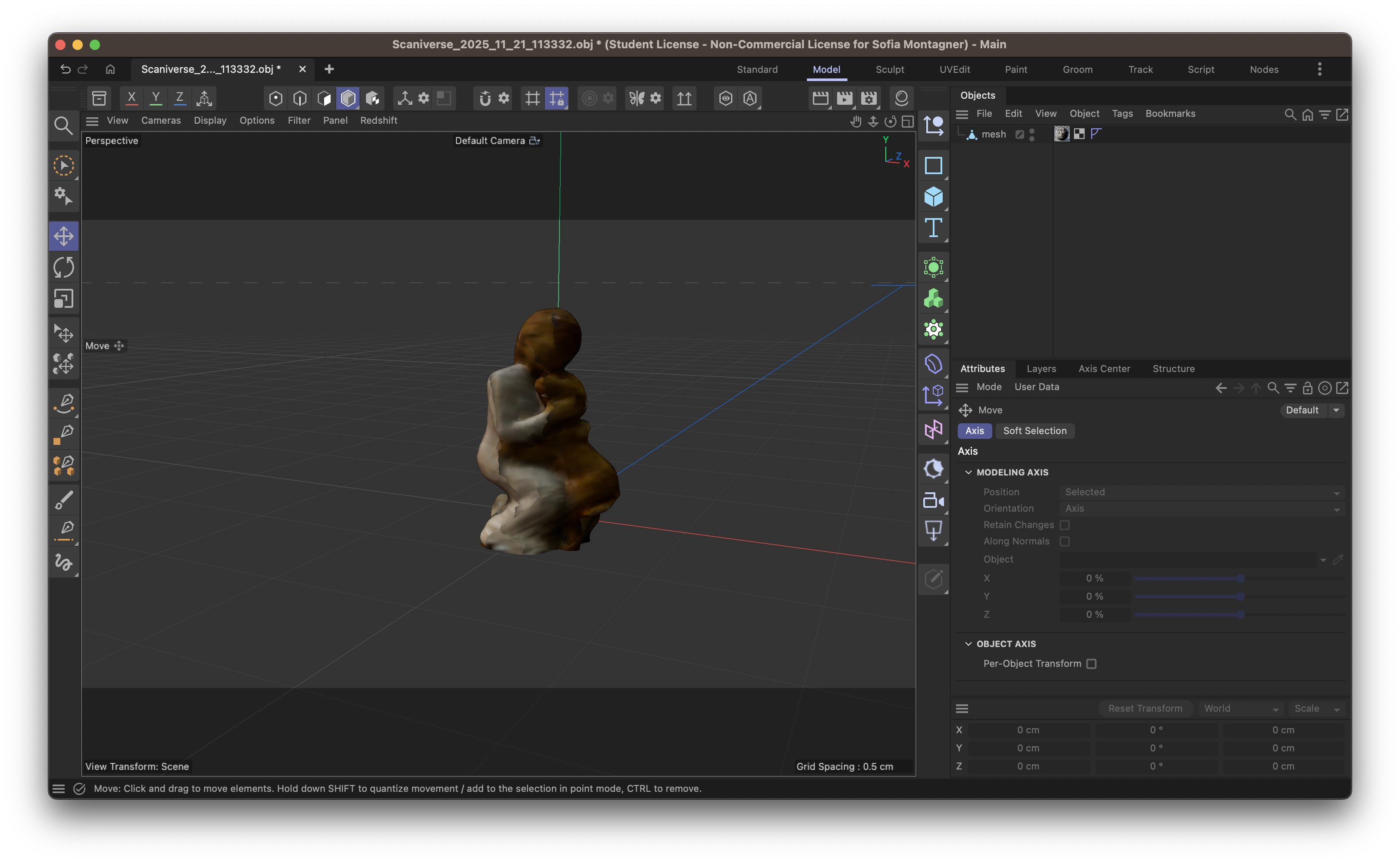 First putting the edited scan of the statue into Cinema 4D to make it smoother.